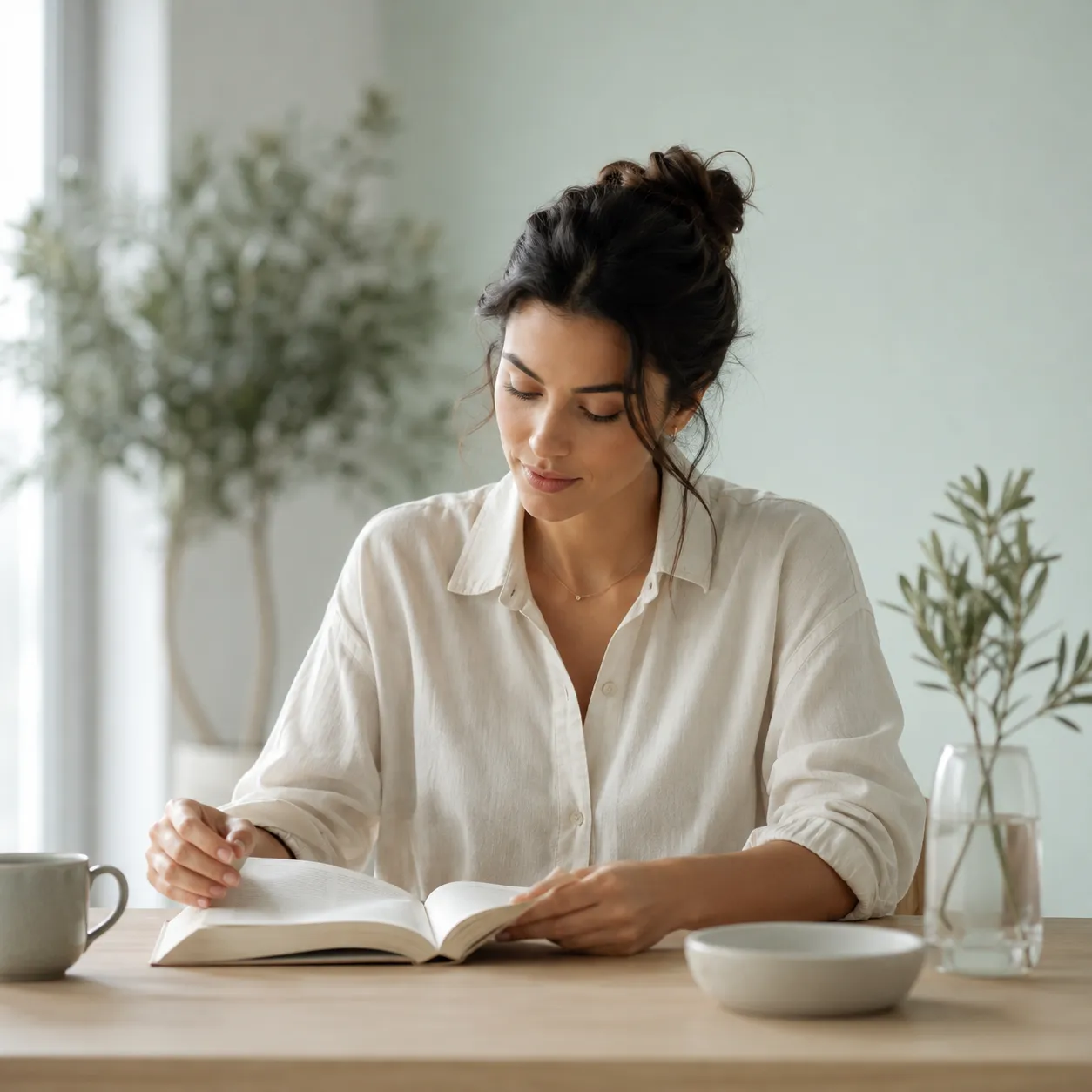Person reading at a tidy desk with composed focus