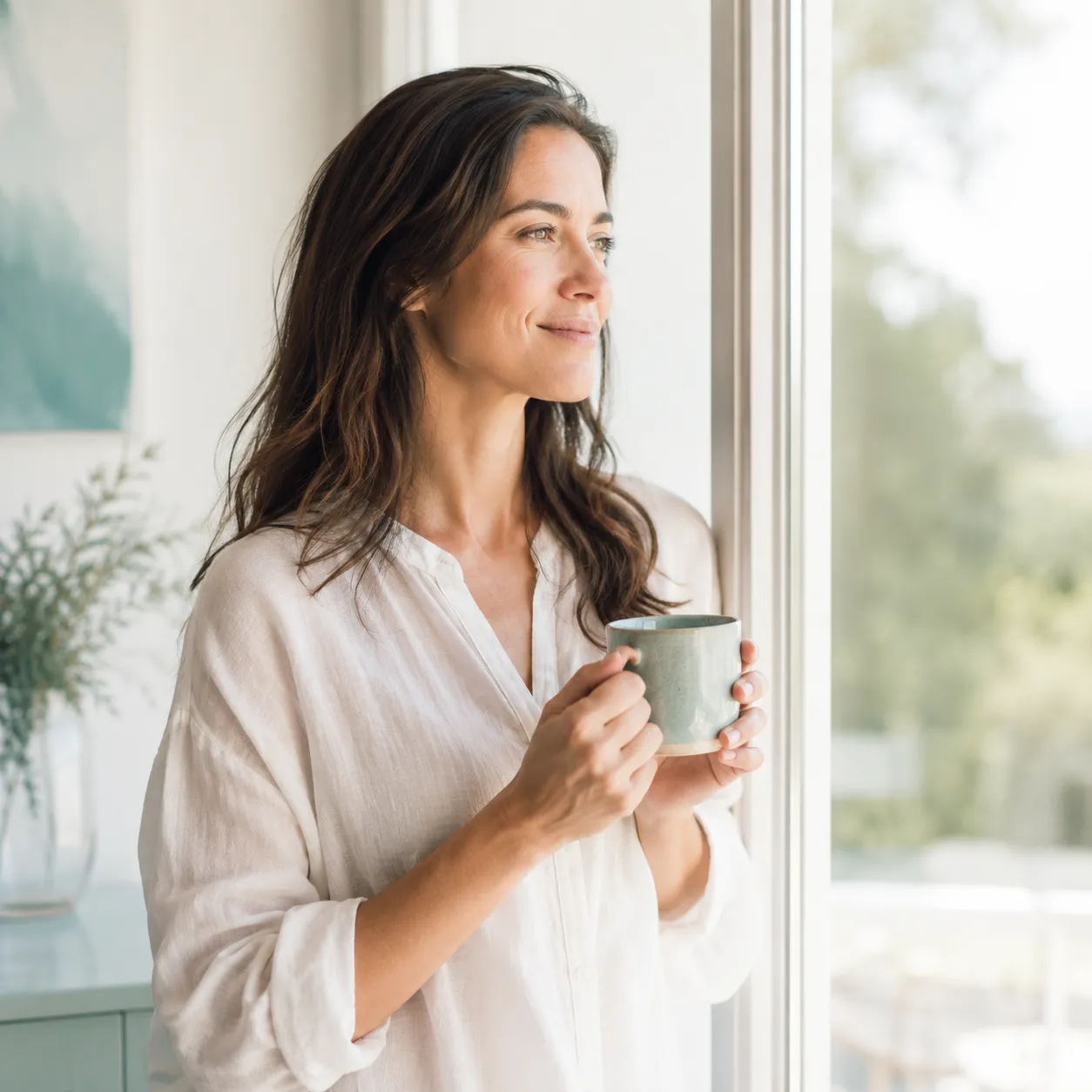 Woman at a window with a mug in morning light