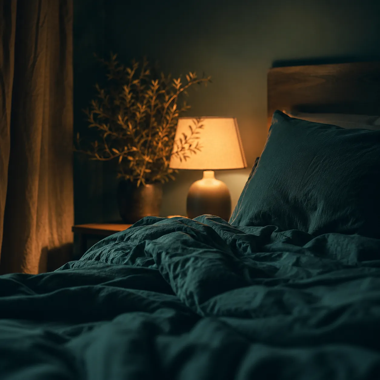 Dim bedroom with deep teal bedding and a warm lamp